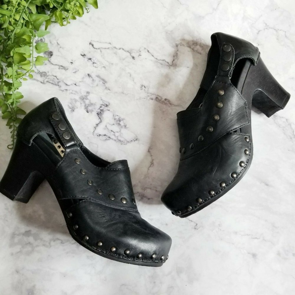 Dansko Ryder Black Leather Studded Cutout Clogs